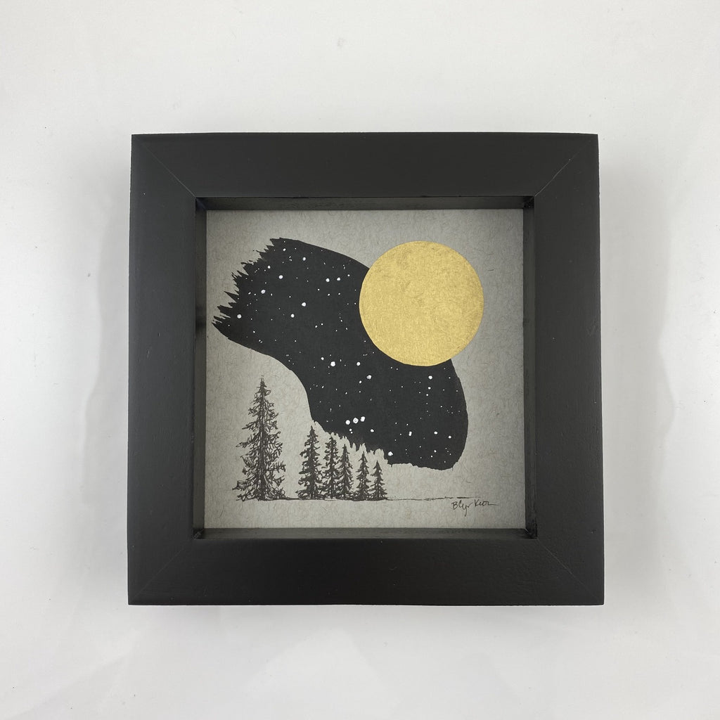 Full Moon, Tree Family, Partial Orion and Friends - Grey and Gold Collection #14 - Original drawing - 4"x4"