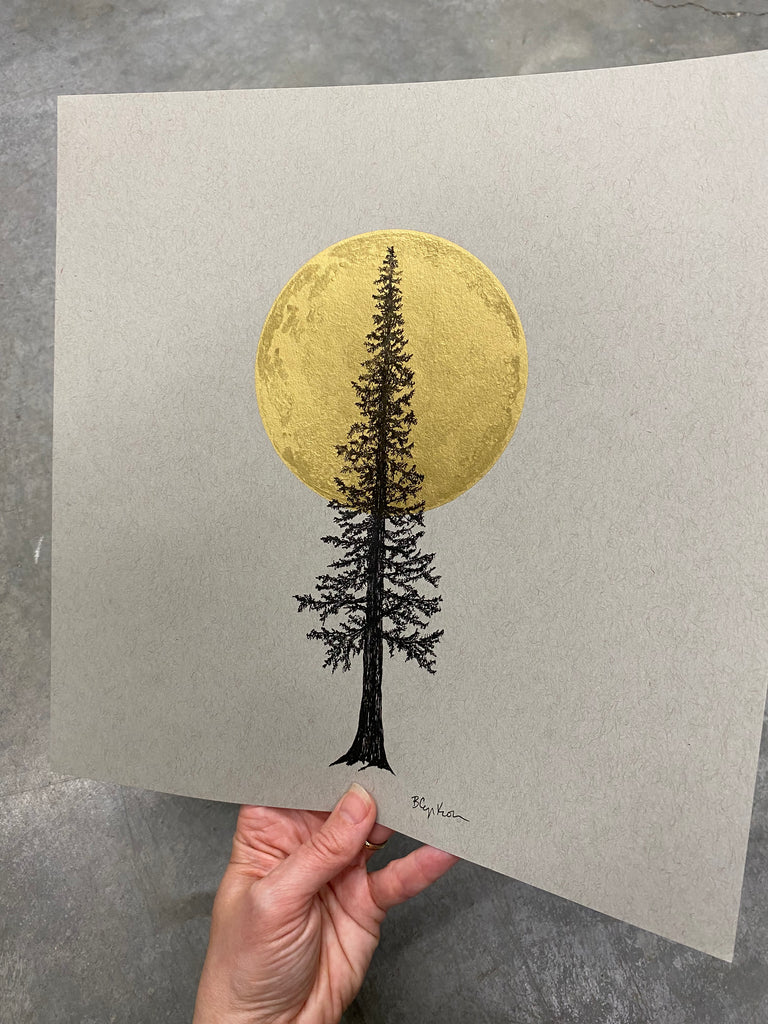 Super Moon and Tall Tree - Grey and Gold Collection #69 - Original Drawing - 11" x 11"