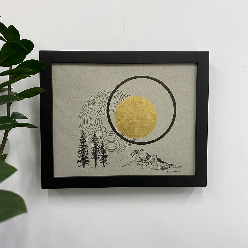 Mountain, Star Trails, Moon and Trees - Grey and Gold Collection #52 - Original drawing - 8"x10"
