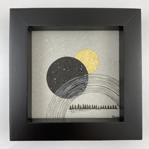 Stars Trails, Stars, Moon and Trees - Grey and Gold Collection #12 - Original drawing - 4"x4"