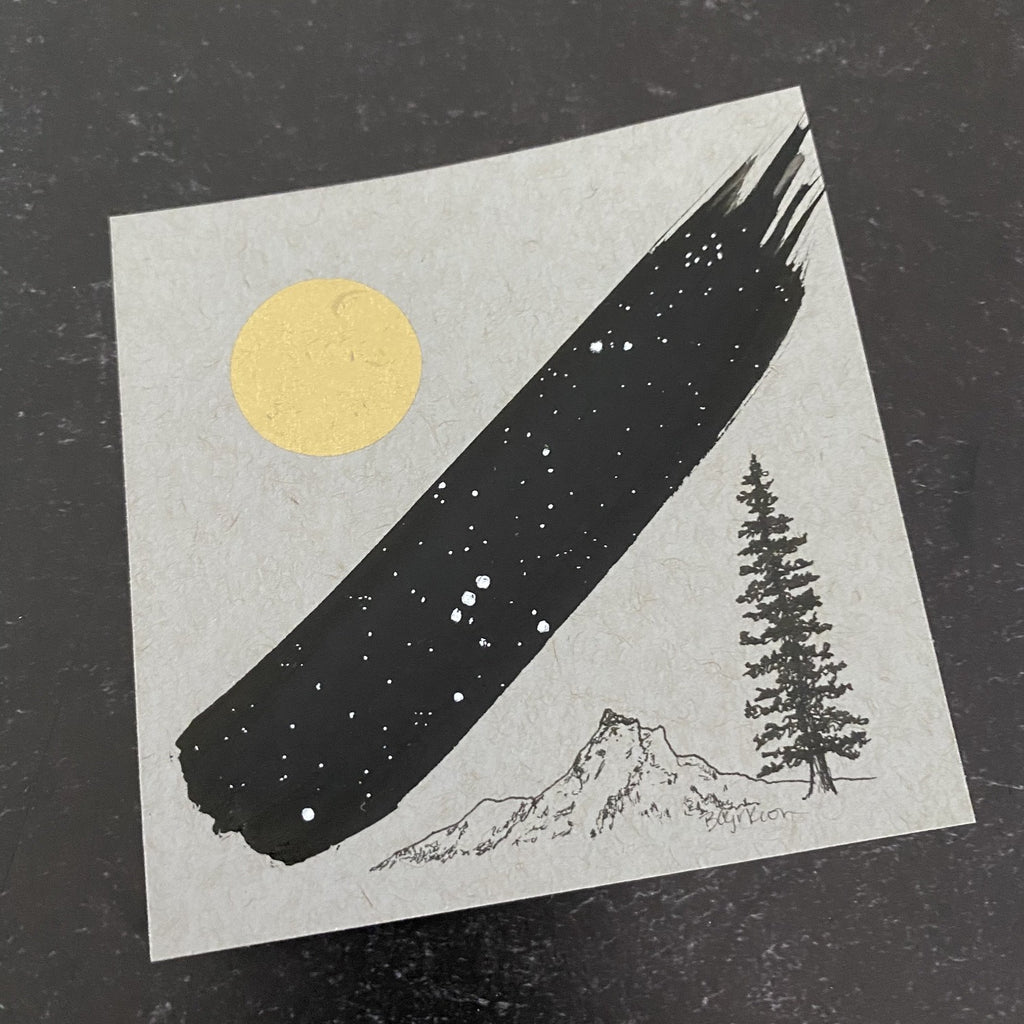 Tree, Mountain, Moon and Pleiades (and part of Orion) - Grey and Gold Collection #24 - Original drawing - 4"x4"