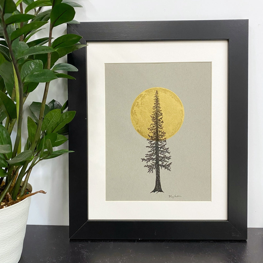 Super Moon and Tall Tree - Grey and Gold Collection #69 - Original Drawing - 11" x 11"