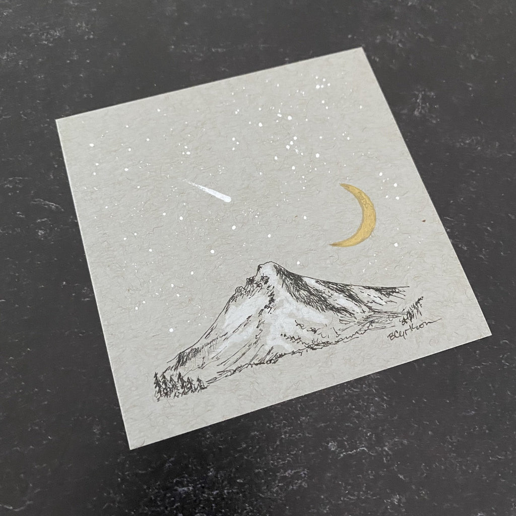 Shooting Star, Mt. Hood, Moon and little Orion - Grey and Gold Collection #7 - Original drawing - 4"x4"