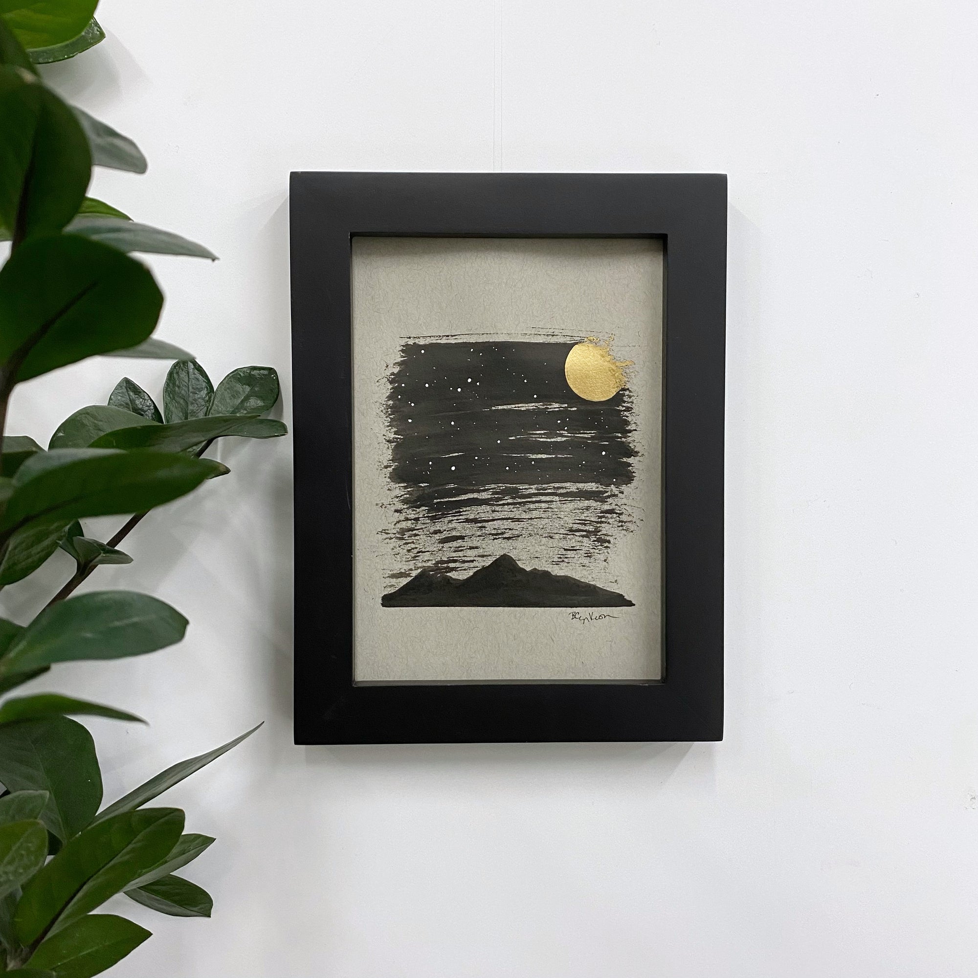 Dark and Cloudy Starry Night with Columba (Dove) Constellation and Mountain Silhouette - Grey and Gold Collection 