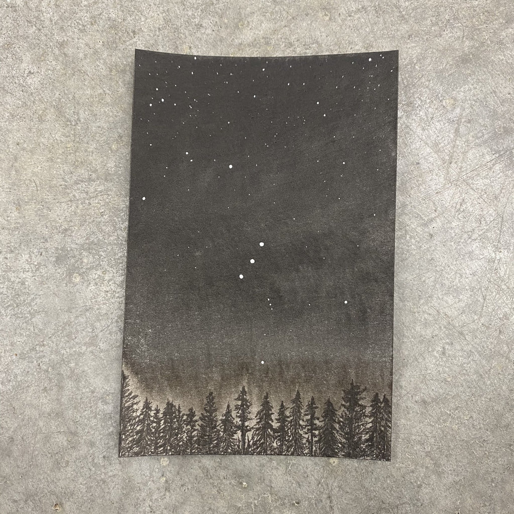 Winter Night Sky 10 - Orion over the tree line - 4 x 6 - Original Drawing