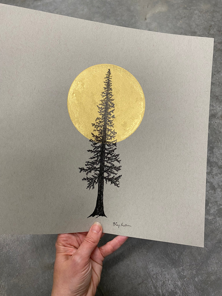 Super Moon and Tall Tree - Grey and Gold Collection #69 - Original Drawing - 11" x 11"