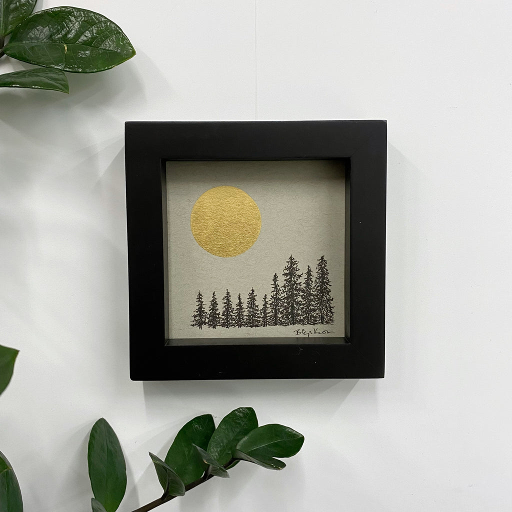 Tree line and Full Moon - Grey and Gold Collection #39 - Original drawing - 4"x4"