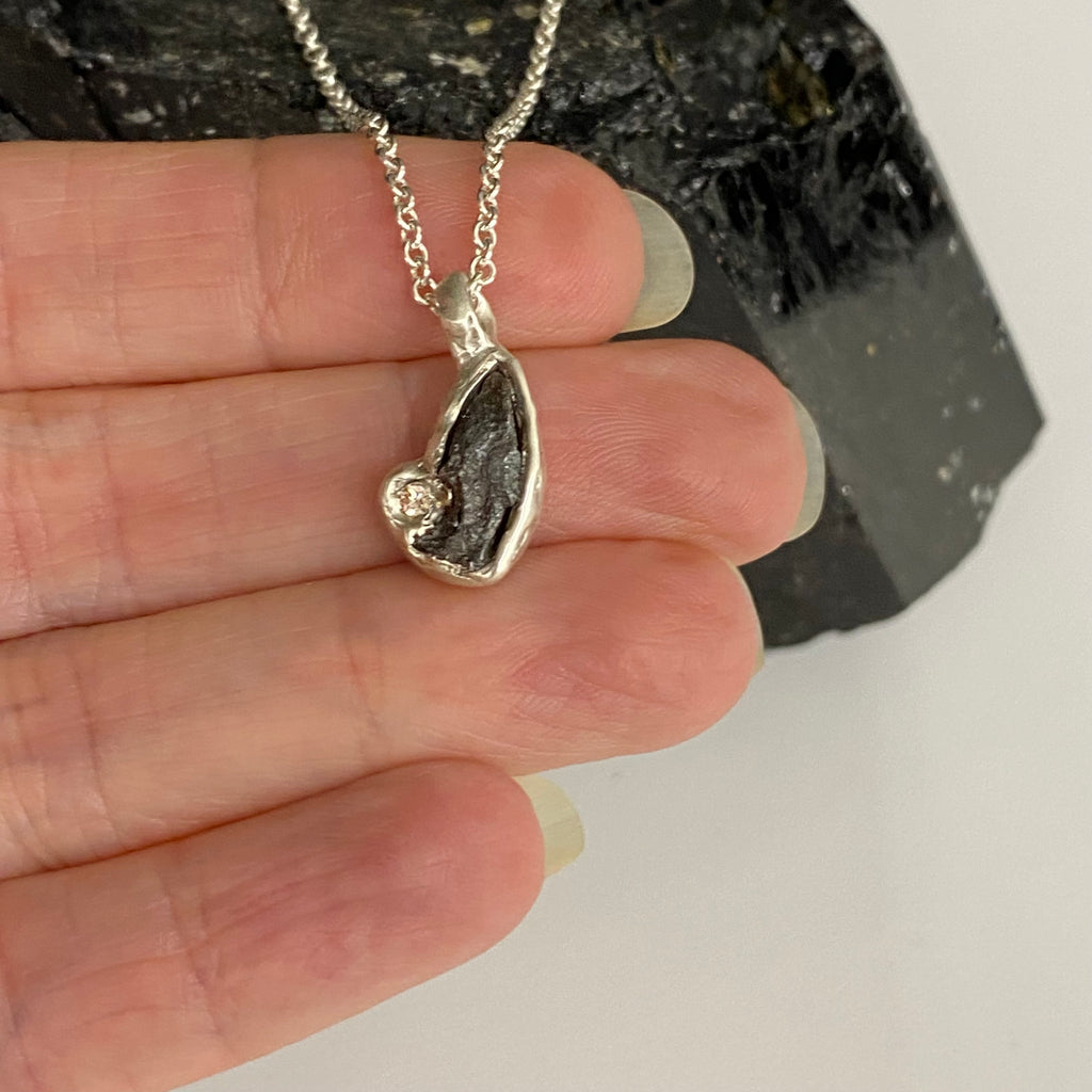Meteorite and Moissanite Pendant in Sterling Silver - Ready to Ship