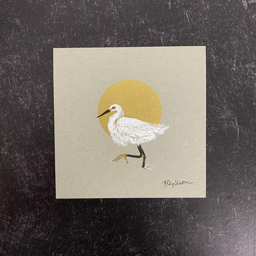 Snowy Egret - Grey and Gold Collection #62 - Original drawing - 4"x4"