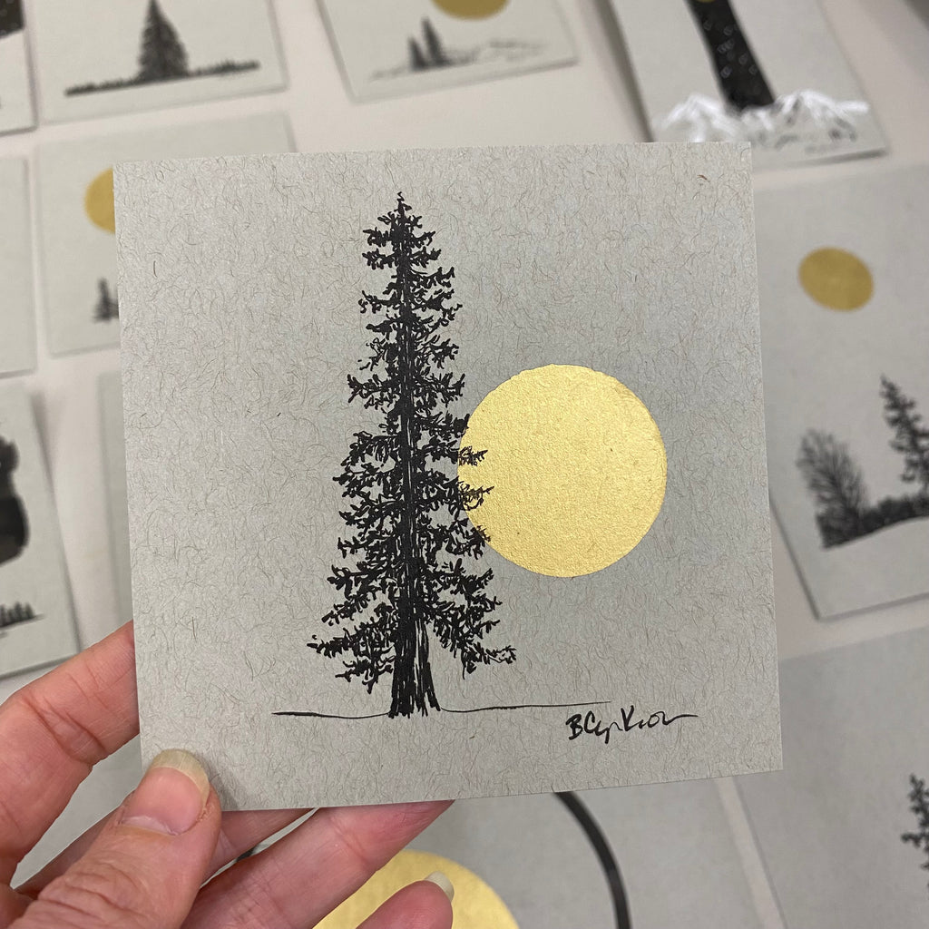 Single Large Tree and Full Moon - Grey and Gold Collection #40 - Original drawing - 4"x4"