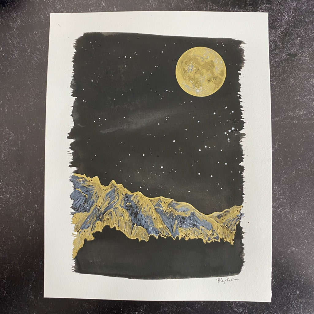 Winter Night Sky 28 - Golden mountains, monoceros, and full moon and - 8.5 x 11 - Original Drawing