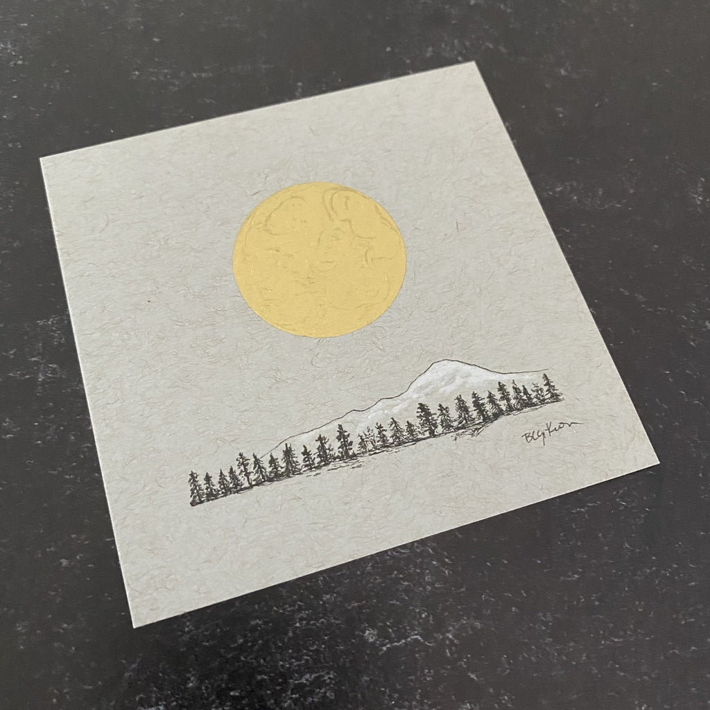 Giant Gold Moon over Snowy Mountain Tree Line - Grey and Gold Collection #9 - Original drawing - 4"x4"