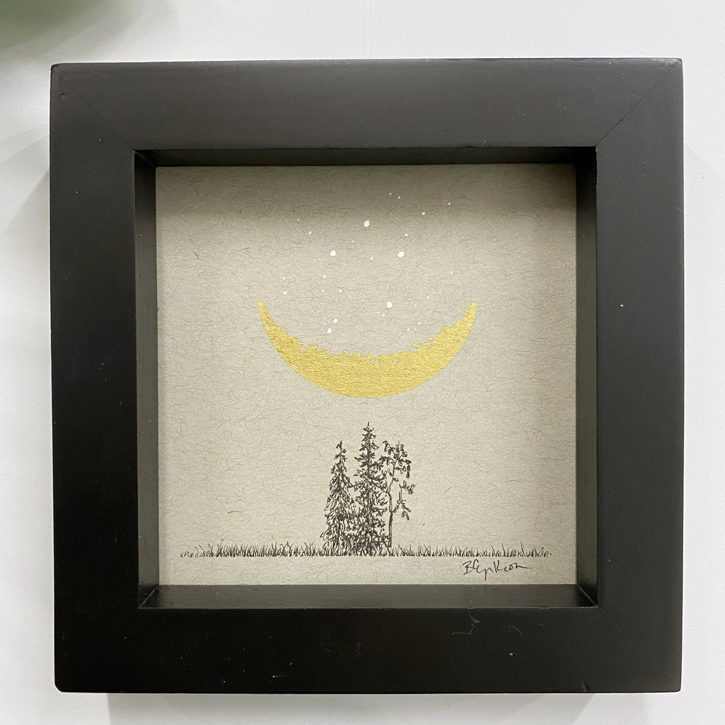 Crescent moon, Libra constellation and Tree Trio - Grey and Gold Collection #32 - Original drawing - 4"x4"