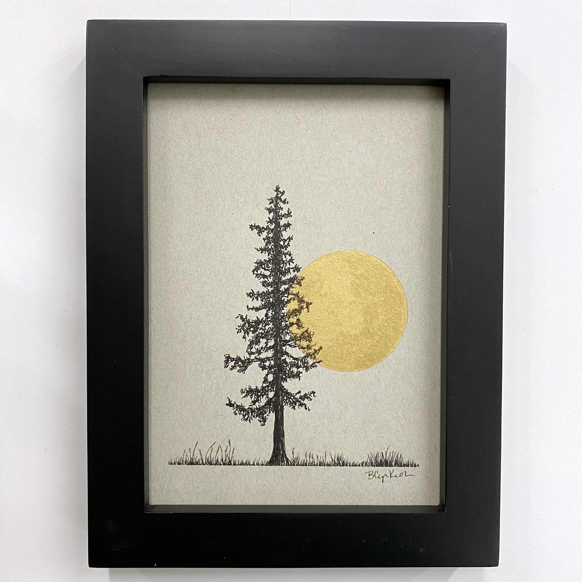Very Tall Tree and Full Moon in a Spring Field - Grey and Gold Collection 