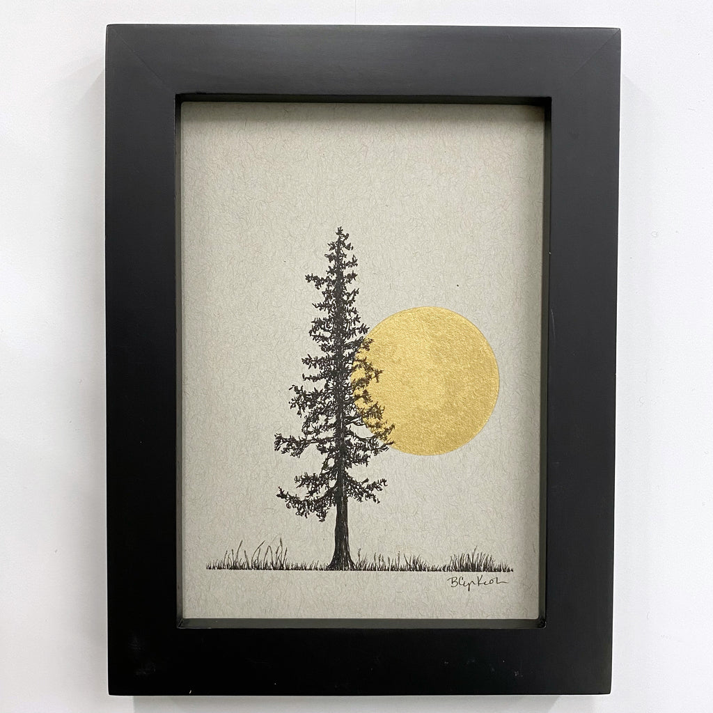 Very Tall Tree and Full Moon in a Spring Field - Grey and Gold Collection #48 - Original drawing - 5"x7"