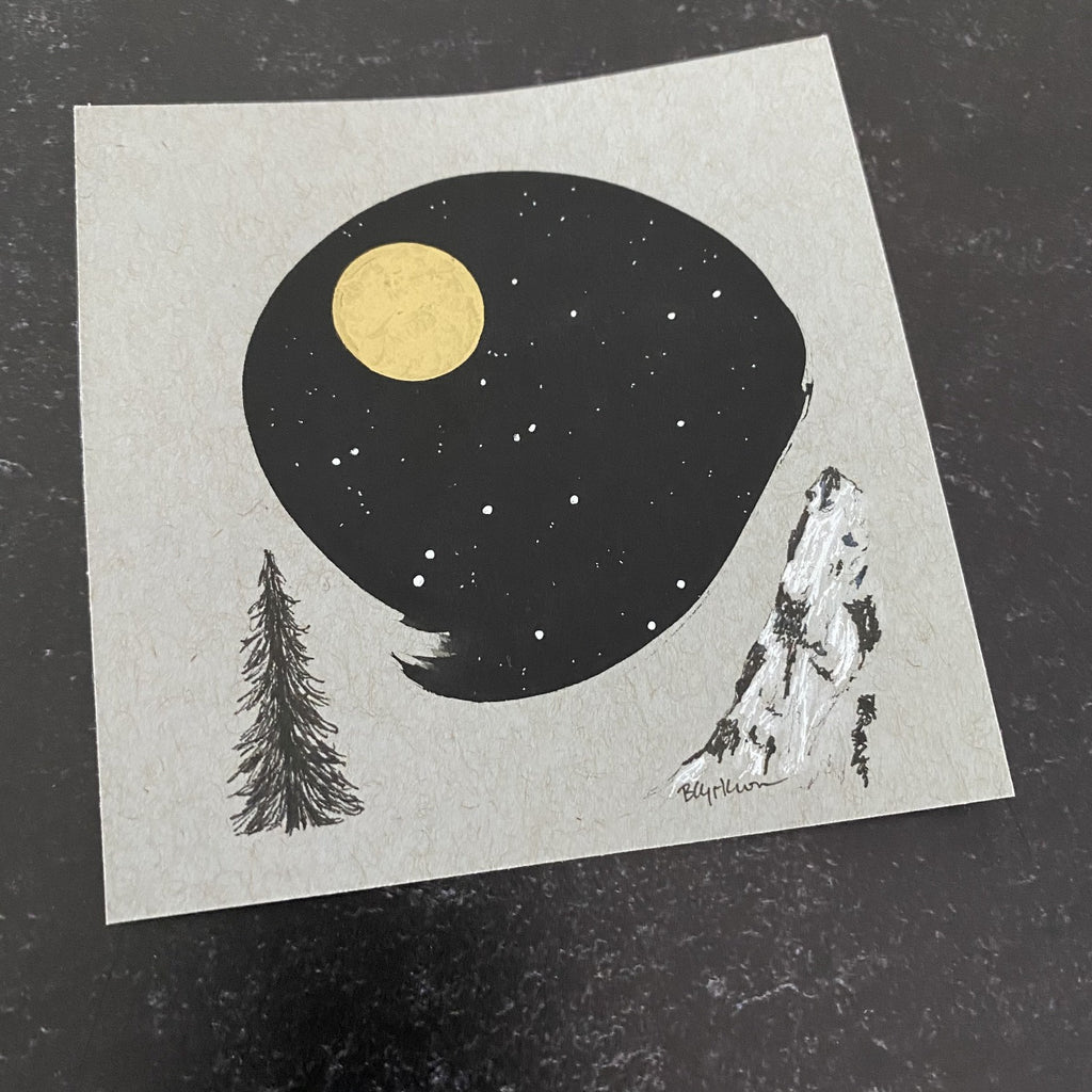 Lynx Constellation with Solo Tree and Steep Mountain - Grey and Gold Collection #22 - Original drawing - 4"x4"