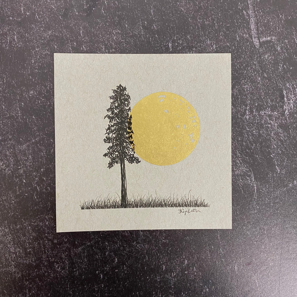 Snuggling moon and tree - Grey and Gold Collection #58 - Original drawing - 4"x4"