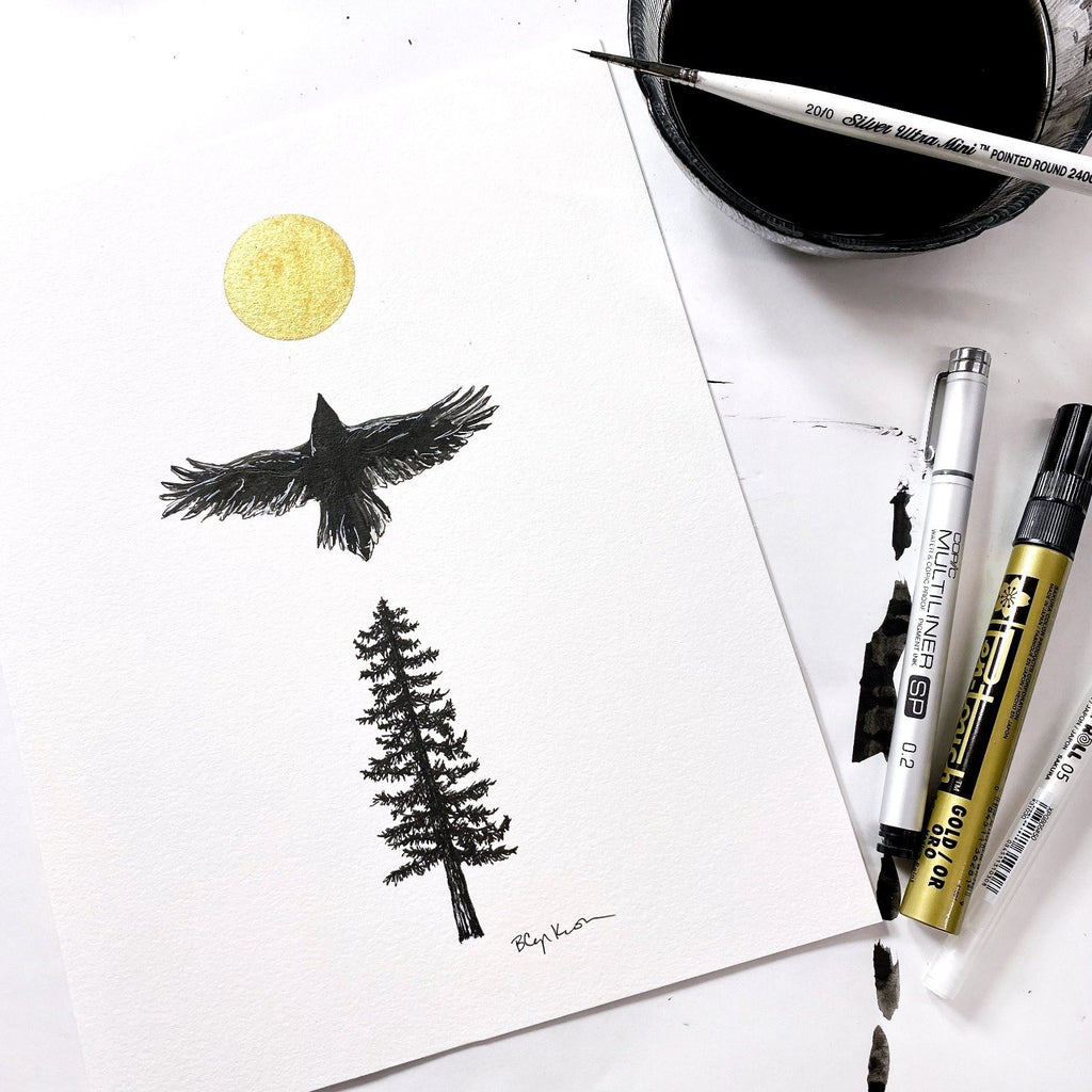 Raven - Art Print - Inktober 2021 - Day 5 - hand embellished