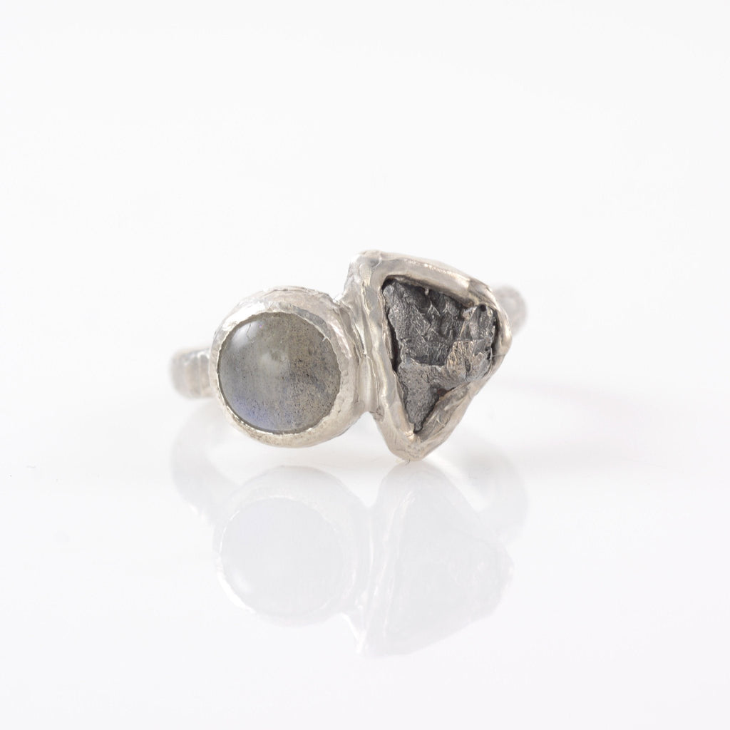Meteorite Ring with Labradorite in Palladium Sterling Silver - size 5.5 - Ready to Ship - Beth Cyr Handmade Jewelry