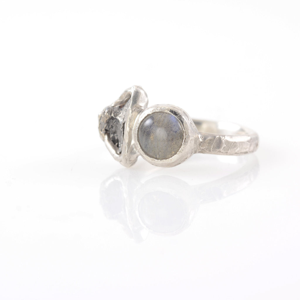 Meteorite Ring with Labradorite in Palladium Sterling Silver - size 5.5 - Ready to Ship - Beth Cyr Handmade Jewelry