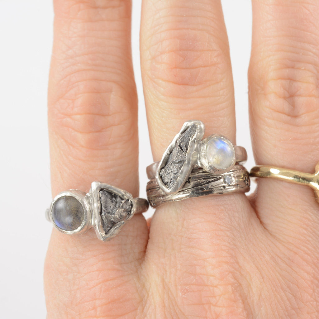 Meteorite Ring with Rainbow Moonstone in Palladium Sterling Silver - size 5.5 - Ready to Ship - Beth Cyr Handmade Jewelry