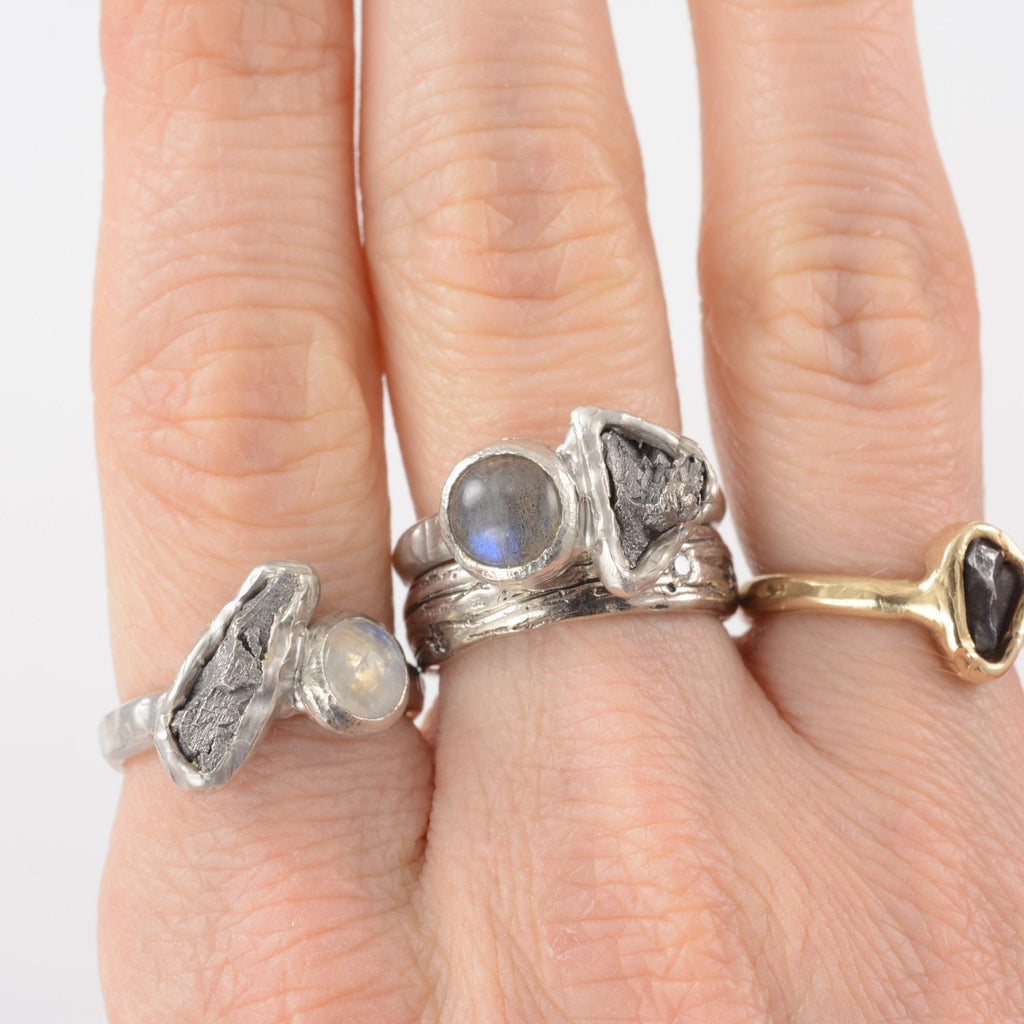 Meteorite Ring with Rainbow Moonstone in Palladium Sterling Silver - size 5.5 - Ready to Ship - Beth Cyr Handmade Jewelry