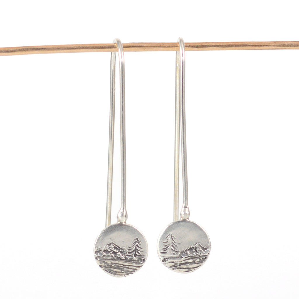 Landscape Earrings - Mountain, Tree and Sea Sterling Silver Drop Dangle Earrings - Ready to Ship