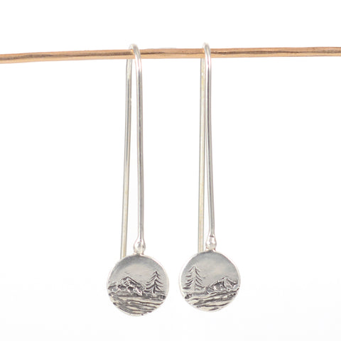 Landscape Earrings - Mountain, Tree and Sea Sterling Silver Drop Dangle Earrings - Ready to Ship