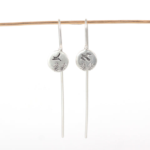 Landscape Earrings - Birds and Trees Sterling Silver Drop Dangle Earrings - Ready to Ship