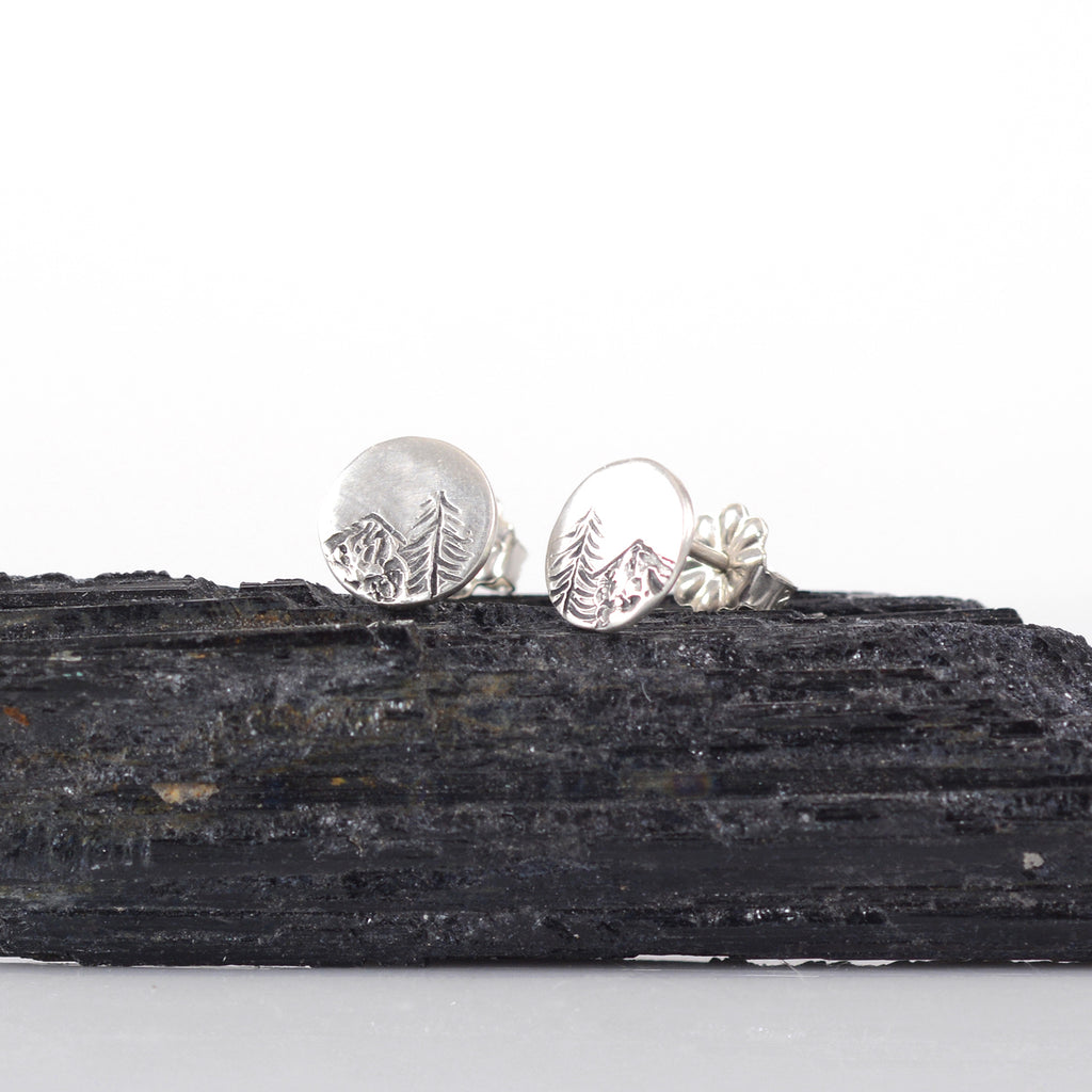 Landscape Earrings - Tree and Mountain Sterling Silver Post Earrings - Ready to Ship