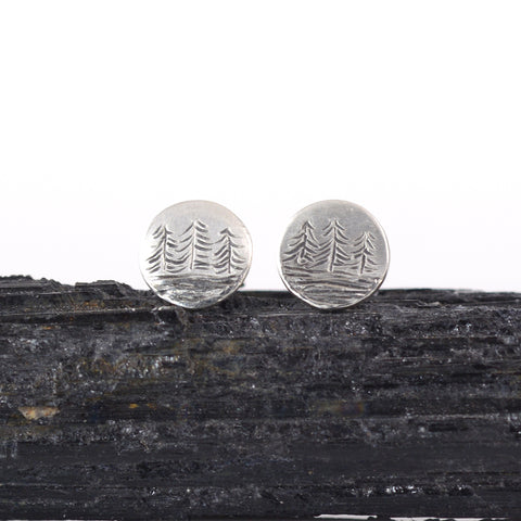 Landscape Earrings - Tree and Water Sterling Silver Post Earrings - Ready to Ship