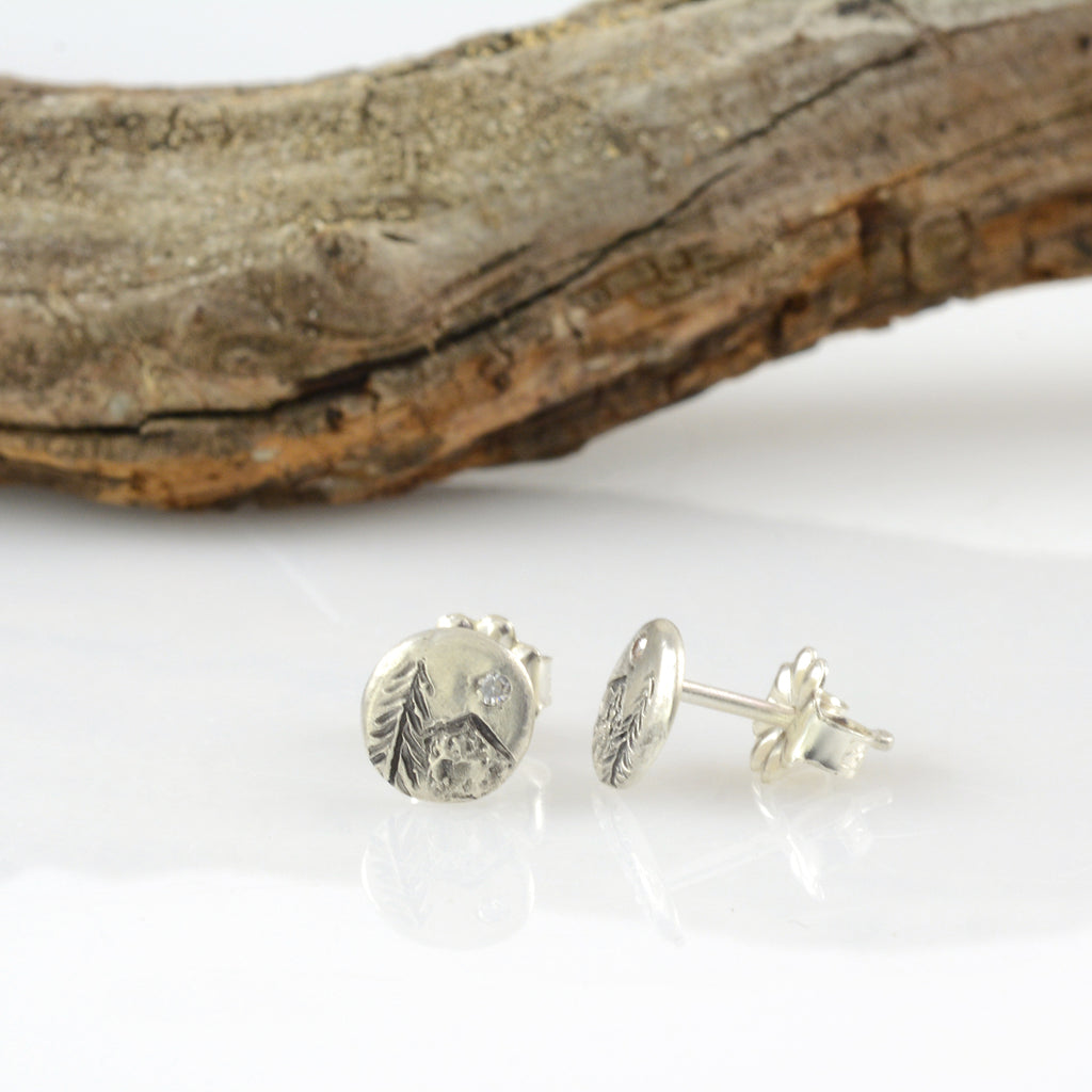 Landscape Earrings - Mountain and Tree with Moissanite Sterling Silver Post Earrings - extra small size - Ready to Ship