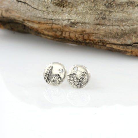 Landscape Earrings - Mountain and Tree with Moissanite Sterling Silver Post Earrings - extra small size - Ready to Ship