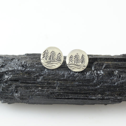 Landscape Earrings - Tree and Sea Sterling Silver Post Earrings - Ready to Ship