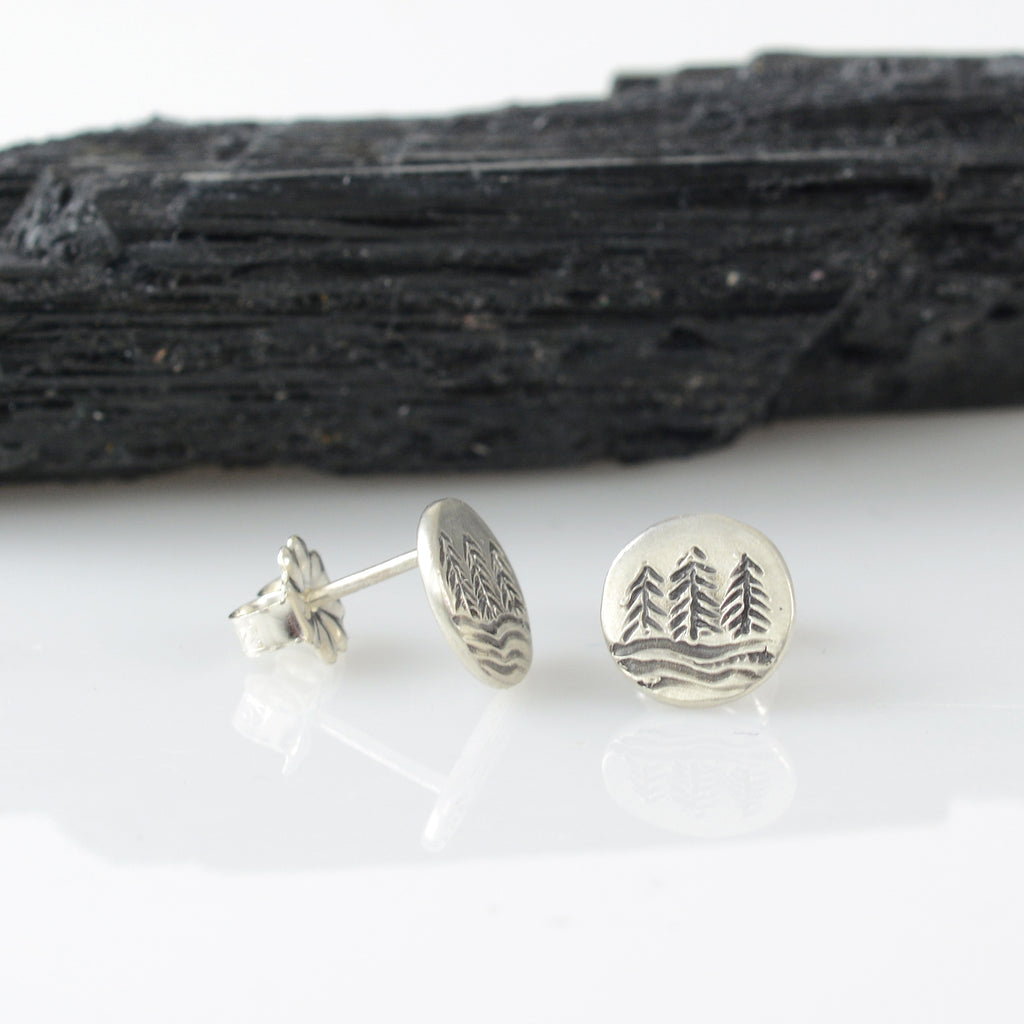 Landscape Earrings - Tree line and Full Moon Sterling Silver Post Earrings - Ready to Ship
