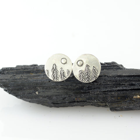 Landscape Earrings - Tree line and Full Moon Sterling Silver Post Earrings - Ready to Ship