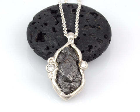 Large Meteorite and Multiple Moissanite Pendant in Sterling Silver - Ready to Ship - Beth Cyr Handmade Jewelry