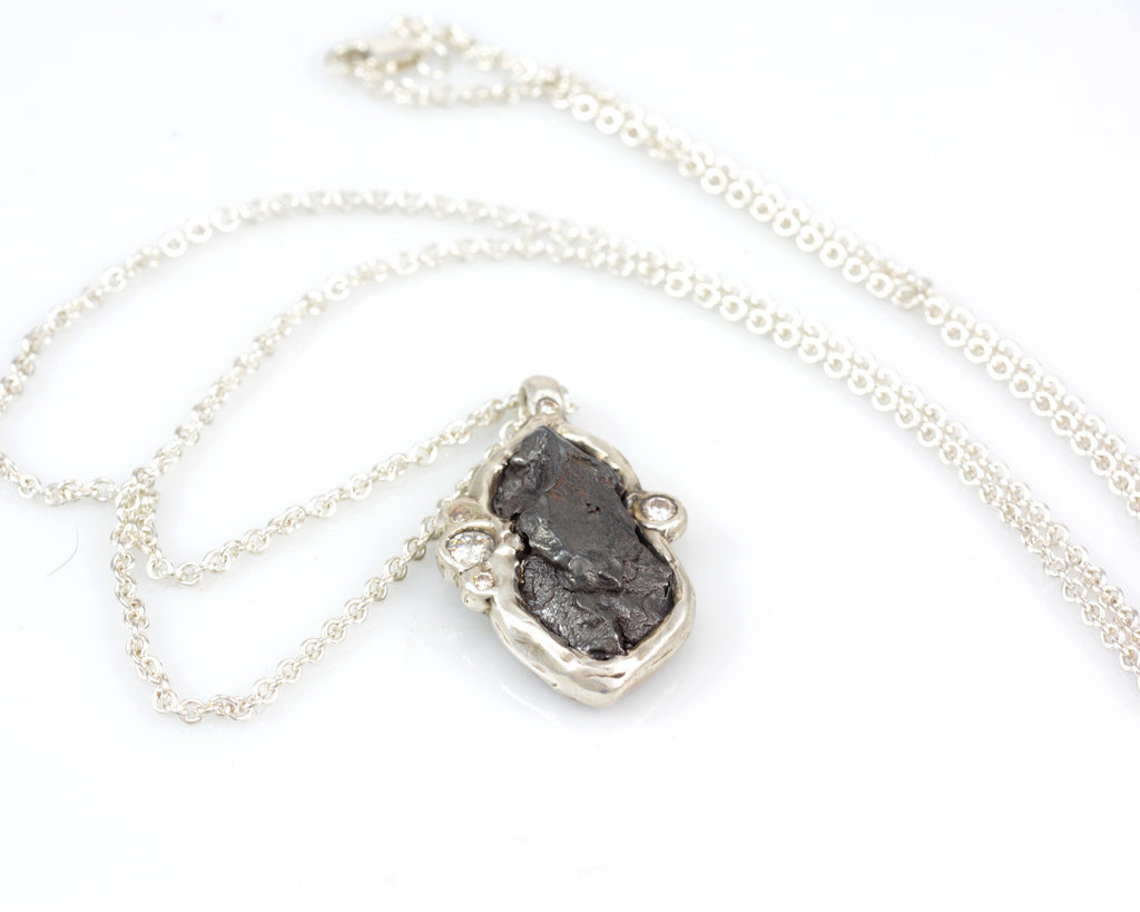 Large Meteorite and Multiple Moissanite Pendant in Sterling Silver - Ready to Ship - Beth Cyr Handmade Jewelry