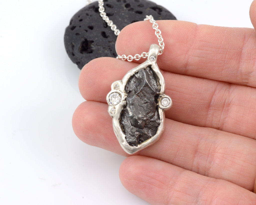 Large Meteorite and Multiple Moissanite Pendant in Sterling Silver - Ready to Ship - Beth Cyr Handmade Jewelry