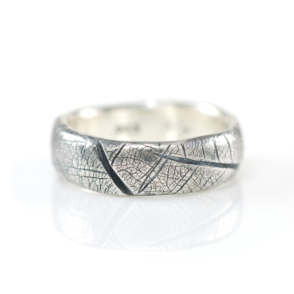 Leaf Imprint Band in Palladium Sterling Silver - Size 8 - Ready to Ship - Beth Cyr Handmade Jewelry