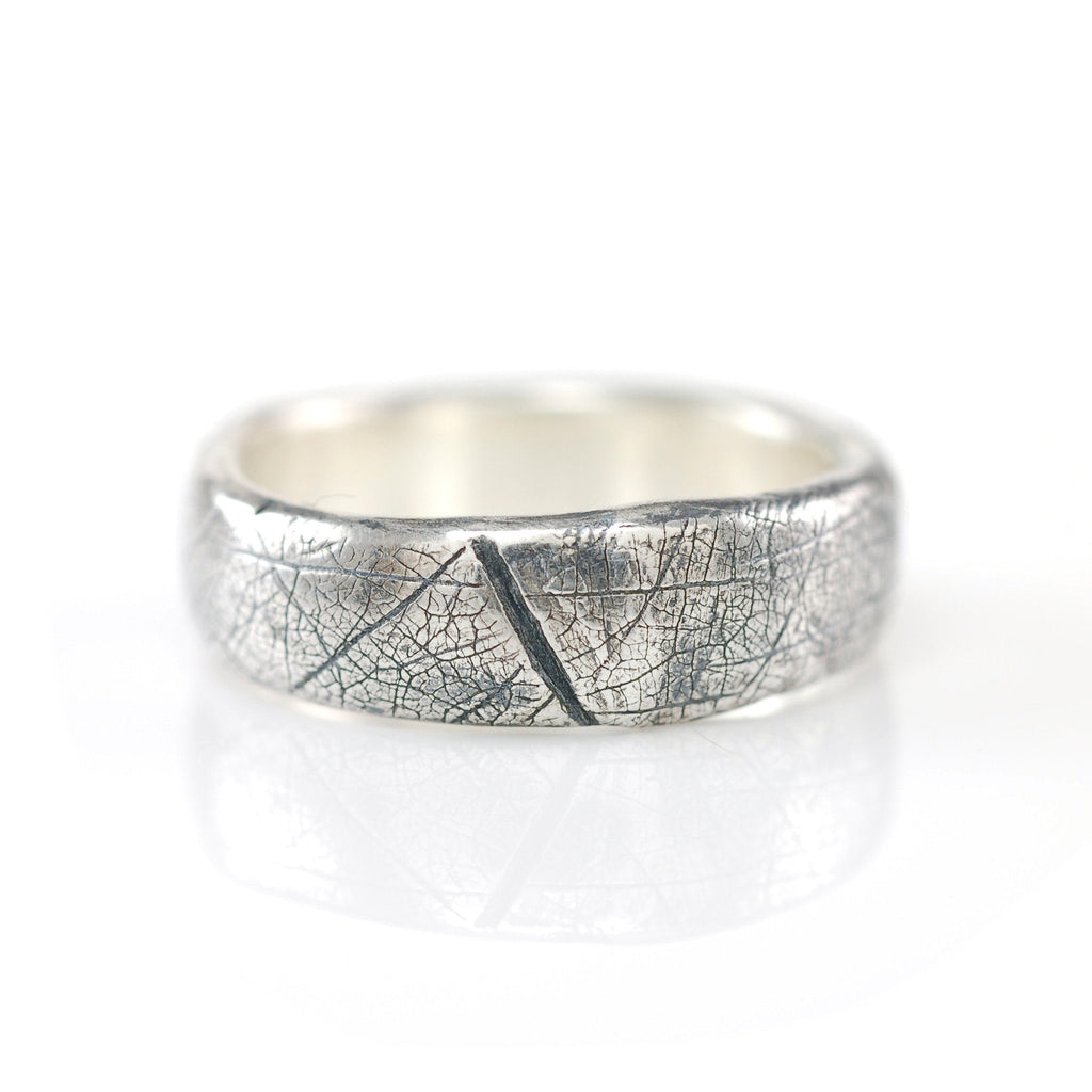 Leaf Imprint Band in Palladium Sterling Silver - Size 8 - Ready to Ship - Beth Cyr Handmade Jewelry