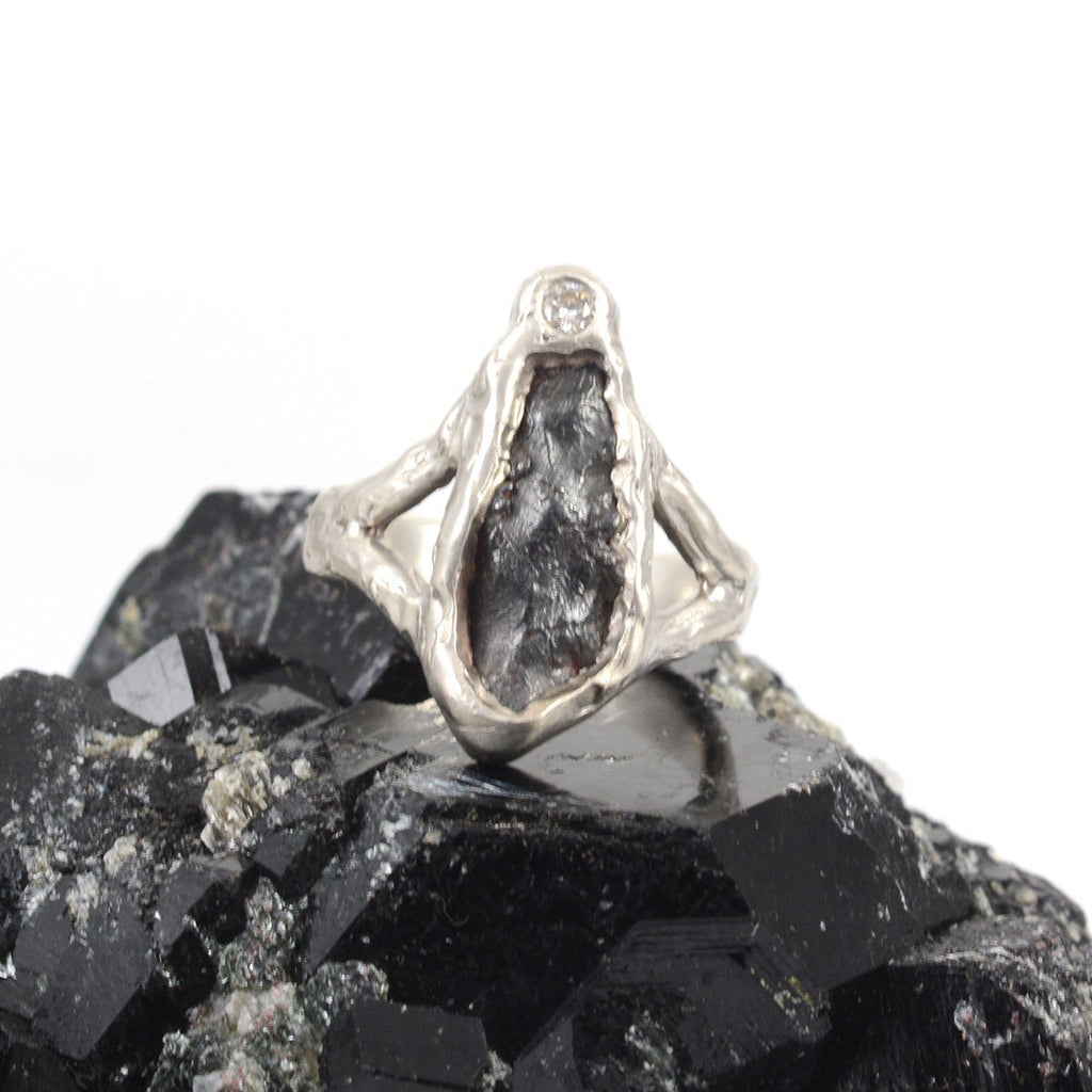 Meteorite Ring with Moissanite in Palladium Sterling Silver - size 7.25 - Ready to Ship - Beth Cyr Handmade Jewelry