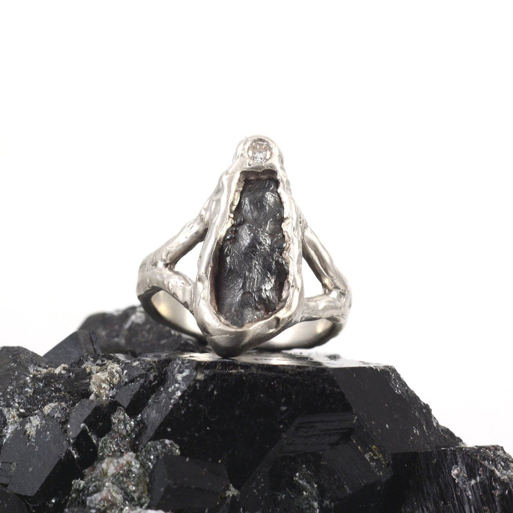 Meteorite Ring with Moissanite in Palladium Sterling Silver - size 7.25 - Ready to Ship - Beth Cyr Handmade Jewelry