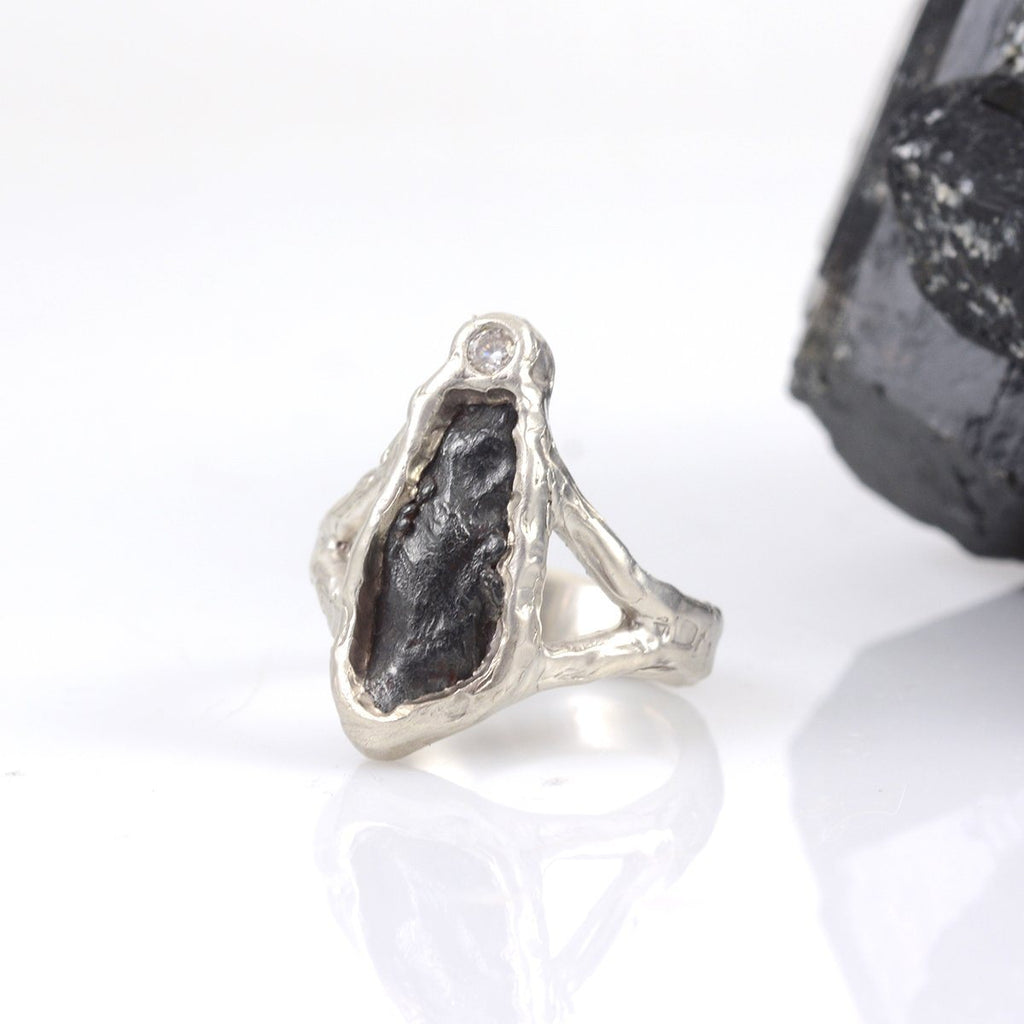 Meteorite Ring with Moissanite in Palladium Sterling Silver - size 7.25 - Ready to Ship - Beth Cyr Handmade Jewelry