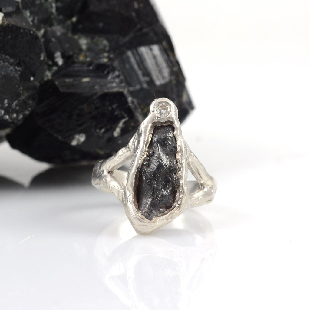 Meteorite Ring with Moissanite in Palladium Sterling Silver - size 7.25 - Ready to Ship - Beth Cyr Handmade Jewelry