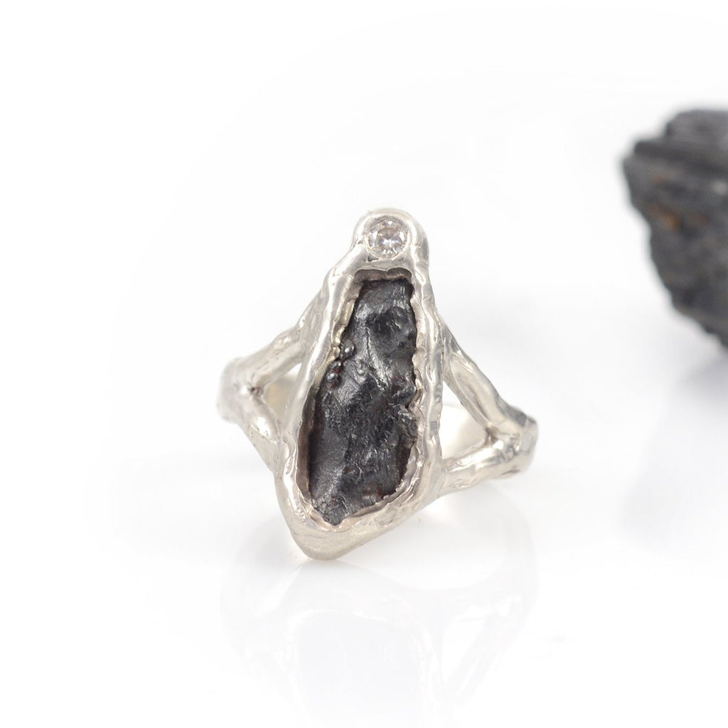 Meteorite Ring with Moissanite in Palladium Sterling Silver - size 7.25 - Ready to Ship - Beth Cyr Handmade Jewelry