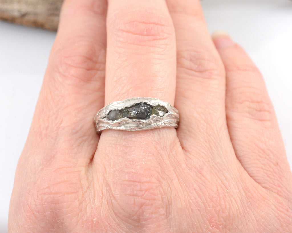 Custom Redwoods Ring with Rough Sapphires in Palladium Sterling Silver  - Size 6.5 - Beth Cyr Handmade Jewelry