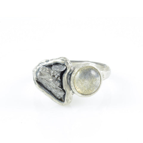 Meteorite Ring with Labradorite in Palladium Sterling Silver - size 6 - Ready to Ship - Beth Cyr Handmade Jewelry