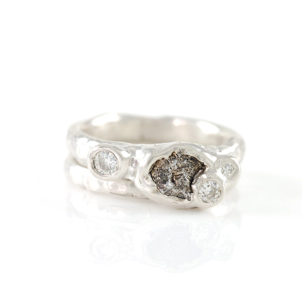 Meteorite Ring with 3 Moissanites in Palladium Sterling Silver with 2mm stacking ring - size 4.5 - Ready to Ship - Beth Cyr Handmade Jewelry