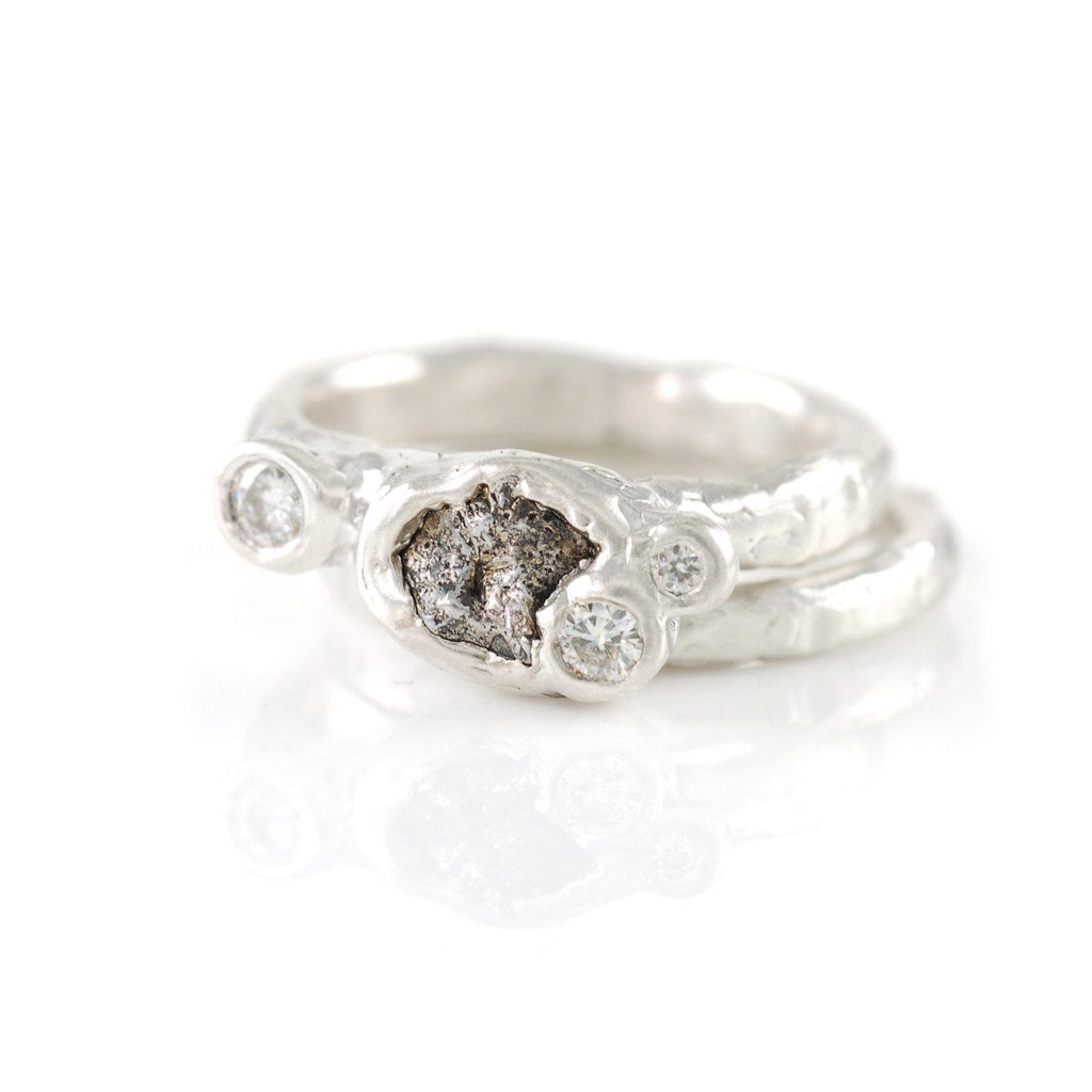 Meteorite Ring with 3 Moissanites in Palladium Sterling Silver with 2mm stacking ring - size 4.5 - Ready to Ship - Beth Cyr Handmade Jewelry